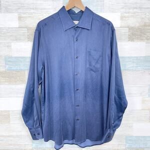 Tommy Bahama Silk Wool Sateen Shirt Blue Button Front Long Sleeve Mens Large